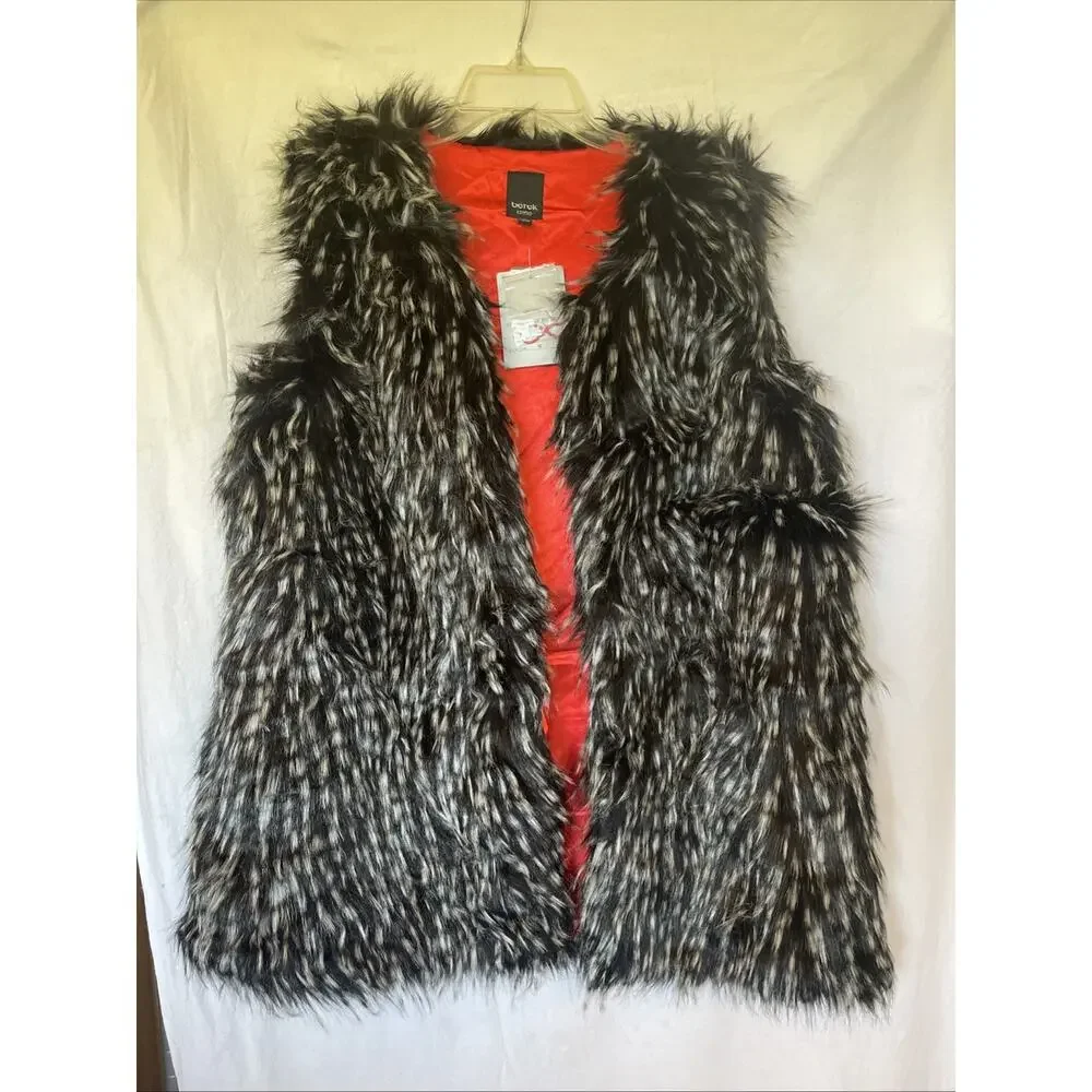 Berek NWT Tainted Whiskers Faux Fur Vest Red Satin Lining Black & White Size L - Picture 1 of 10